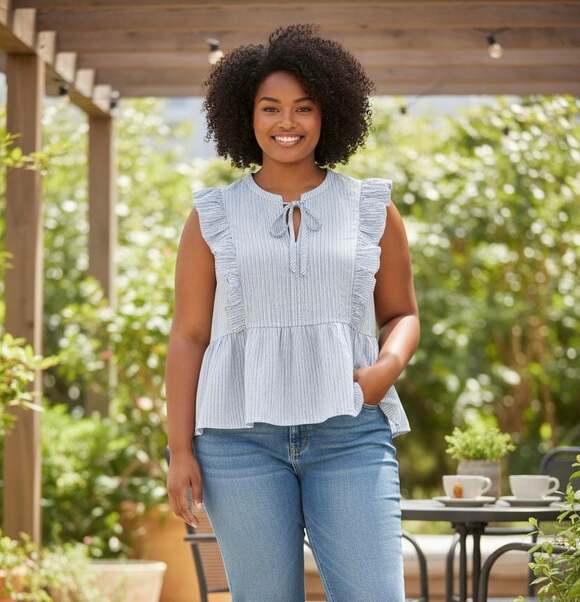 LOFT Tops - LOFT Striped Ruffle Tie Neck Peplum Sleeveless Blouse